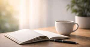 A peaceful morning desk with a notebook and coffee cup in soft light, symbolizing focus, reflection, and daily clarity.