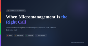 Manager reviewing employee work — situational leadership framework showing when micromanagement is appropriate: safety, high stakes, capability gaps, and trust recovery