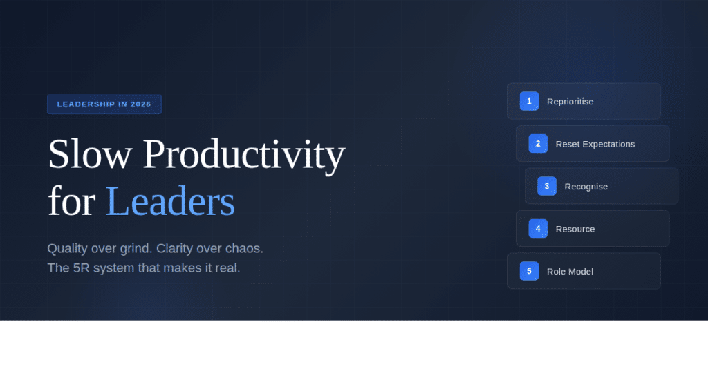 Slow Productivity for Leaders 2026 - Dark blue graphic showing article title with the 5R Leadership Framework: Reprioritise, Reset Expectations, Recognise, Resource, Role Model