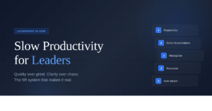 Slow Productivity for Leaders 2026 - Dark blue graphic showing article title with the 5R Leadership Framework: Reprioritise, Reset Expectations, Recognise, Resource, Role Model