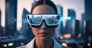 woman wearing a large glasse to ilutrate the ai glasse