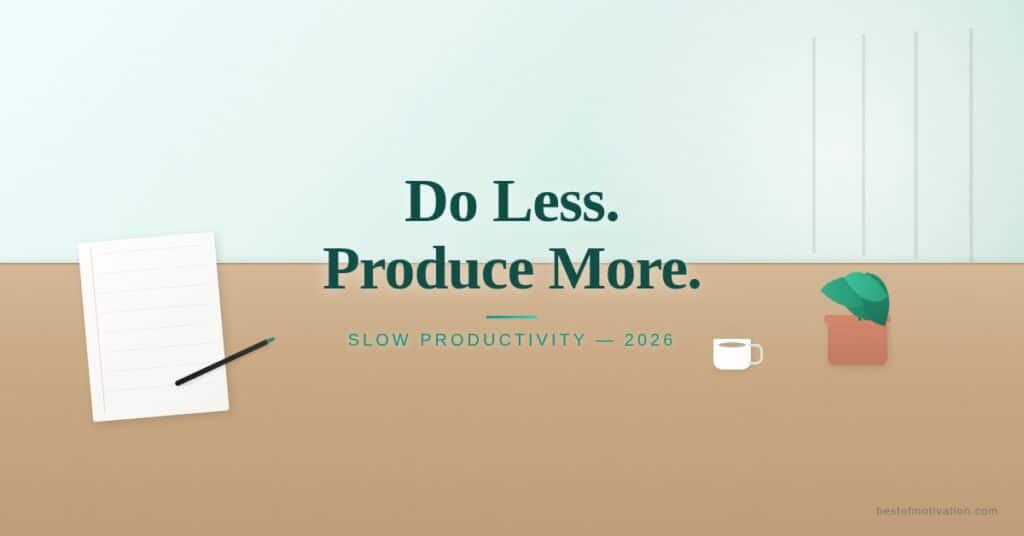 Minimalist workspace with notebook, plant, and coffee on a wooden desk — Do Less Produce More — slow productivity concept for 2026