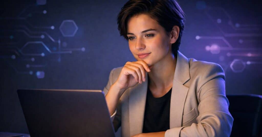 Professional looking thoughtfully at laptop with blue-purple AI glow — AI anxiety and career readiness concept