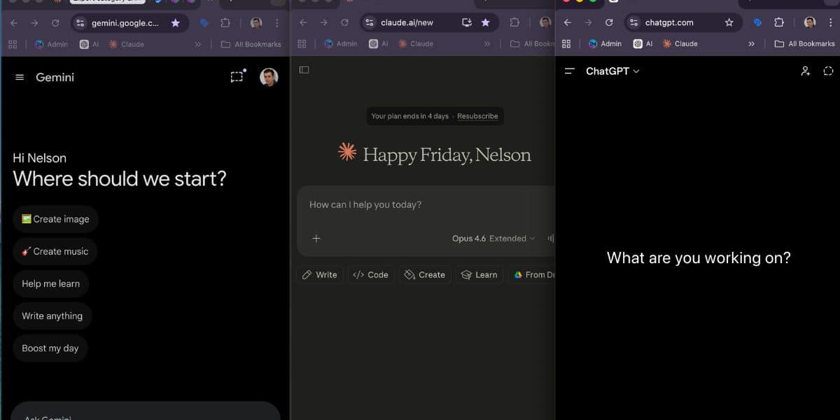 ChatGPT vs Claude vs Gemini side by side comparison on laptop