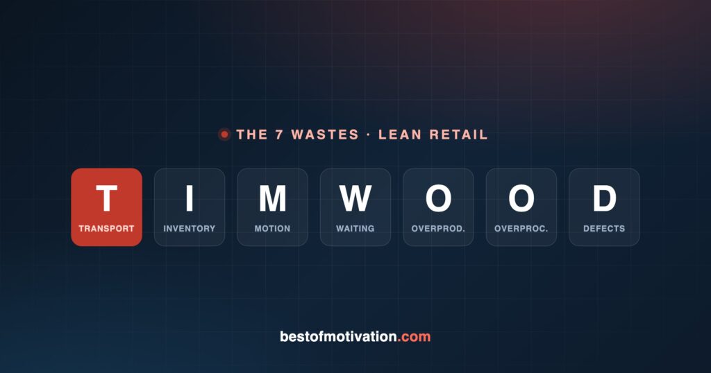 The 7 wastes of Lean in retail shown as TIMWOOD letter tiles — Transport, Inventory, Motion, Waiting, Overproduction, Overprocessing, Defects.