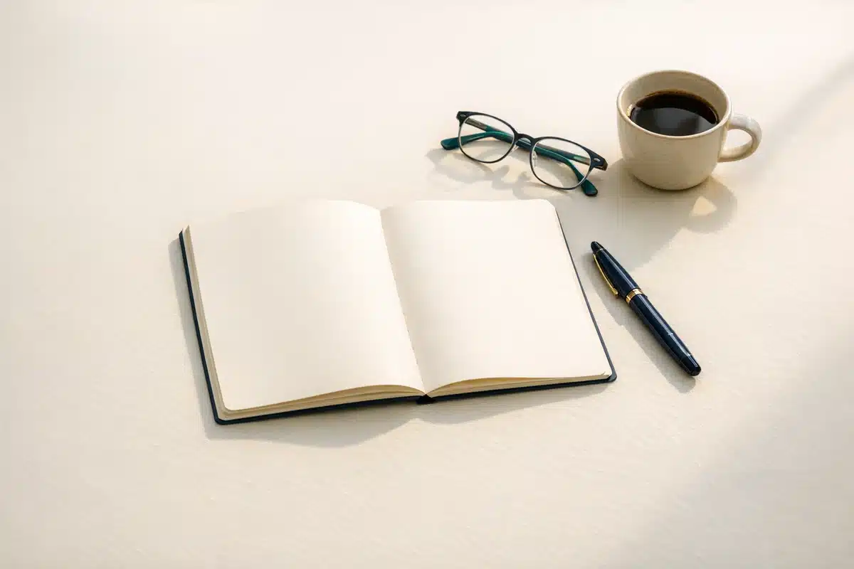 Open notebook, navy fountain pen, reading glasses and coffee on a calm ivory desk — pausing to reconsider a career change at 40