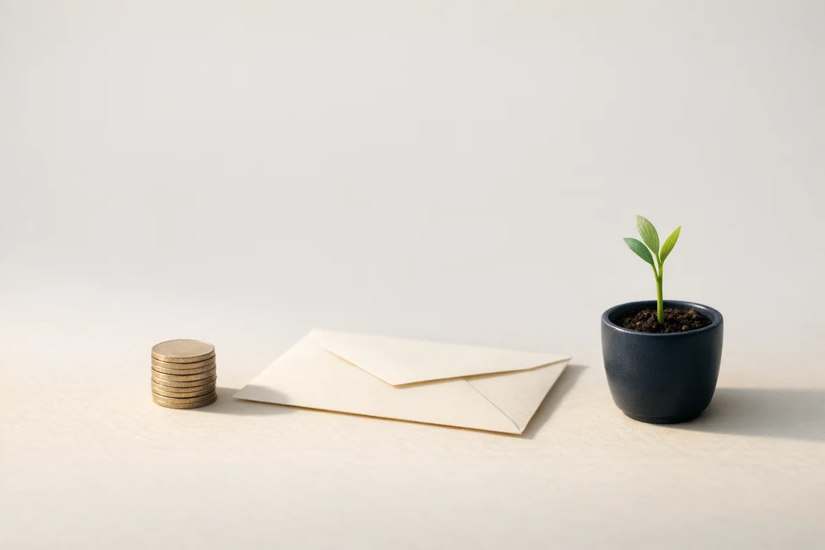 A small stack of coins, a sealed envelope and a sprouting plant on an ivory surface — building a financial runway before a career change