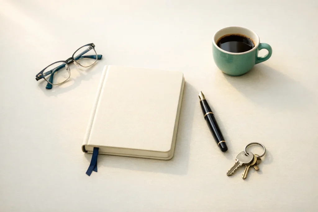 New manager checklist essentials on a desk — notebook, pen, coffee and office keys on a first day as a manager
