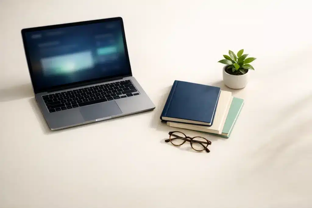 Laptop, notebooks and a small plant on a calm desk — planning which online course to take in 2026