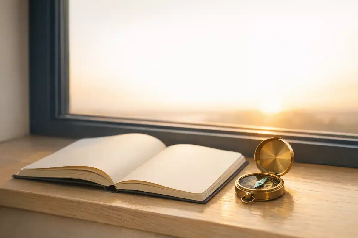 Open notebook and a compass on a windowsill at sunrise, representing taking the next step once you know your career direction