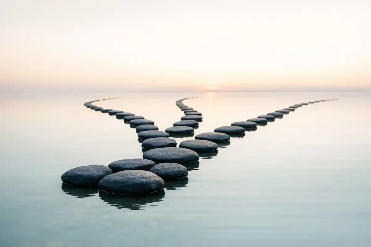 Stepping stones diverging into three separate paths across calm water, representing how one starting point leads to different course choices depending on your goal