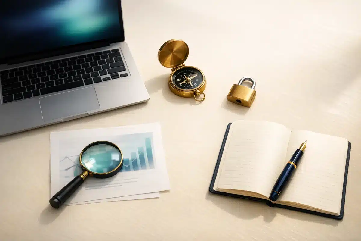 Laptop, compass, magnifying glass and notebook arranged on a desk, representing the range of career skills worth learning in 2026