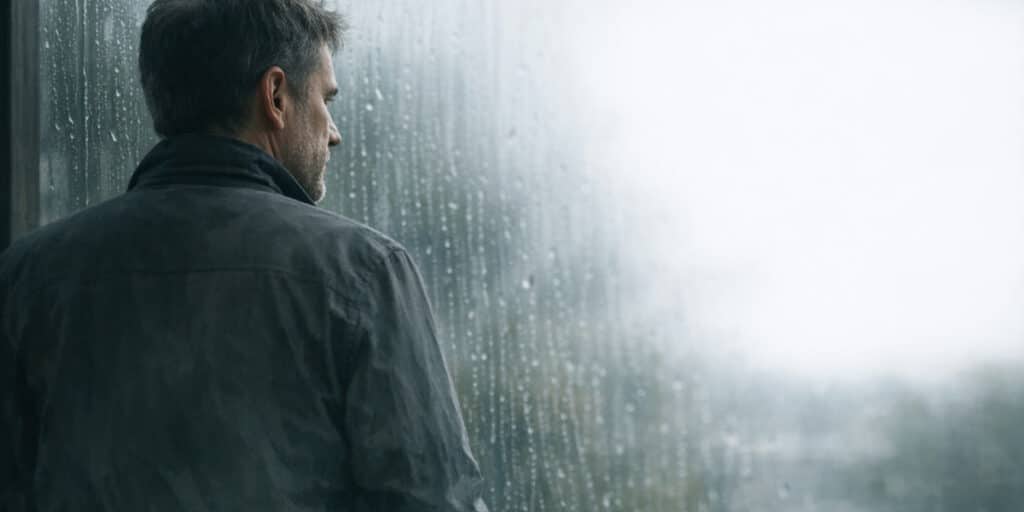 men in his forties standing quietly by a foggy window, thinking about which direction to point his next twenty years