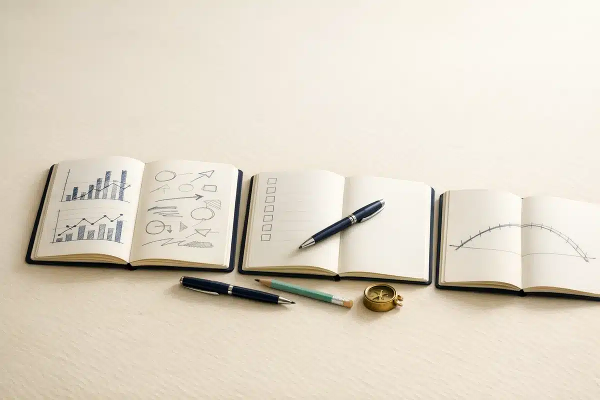 Three open notebooks on a desk showing four ways of working: chart shapes and loose sketches, a short checklist with a pen, and a long timeline arc, representing how the four types of thinkers approach the same brief