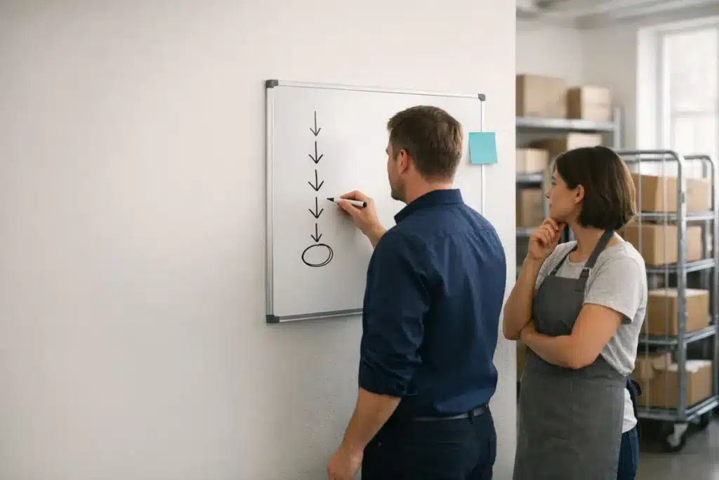 5 Whys examples: a store manager and colleague work a five-step why chain on a stockroom whiteboard