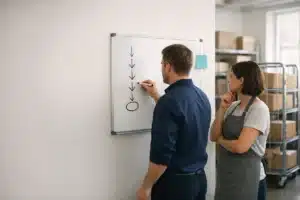 5 Whys examples: a store manager and colleague work a five-step why chain on a stockroom whiteboard