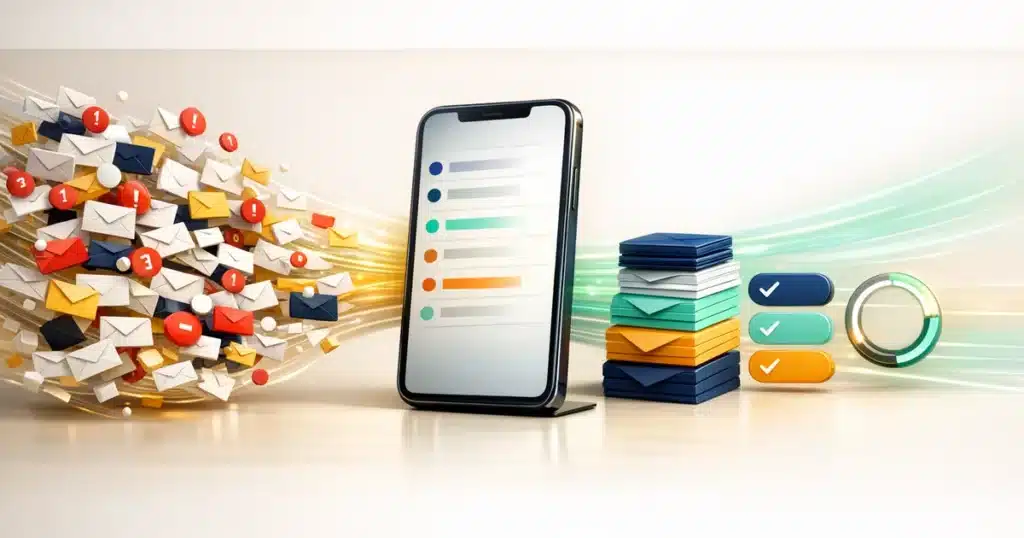 Messy stream of emails and unread badges flowing into a phone and coming out as sorted colour-coded stacks, ticks and an almost complete timer