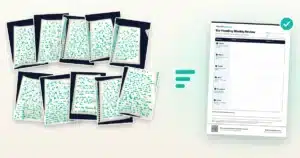 Handwritten weekly review notebook pages flowing into a one-page weekly review template